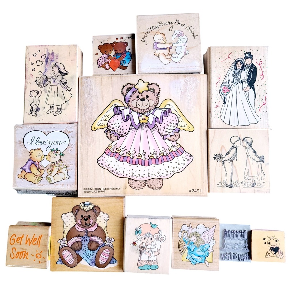 Vintage Wood Rubber Stamp Lot Love Teddy Bears Angel Get Well Wedding 13pc Set
